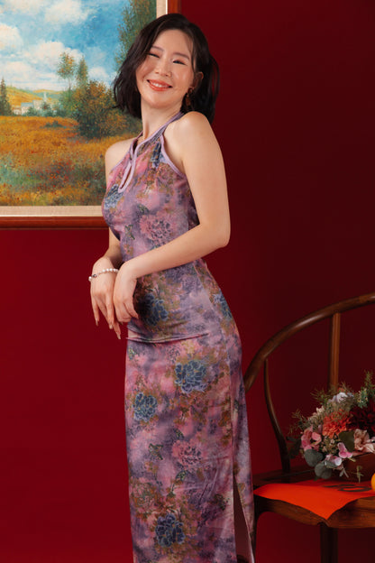 Violet Blossom Halter Cheongsam Dress （In-Stock)