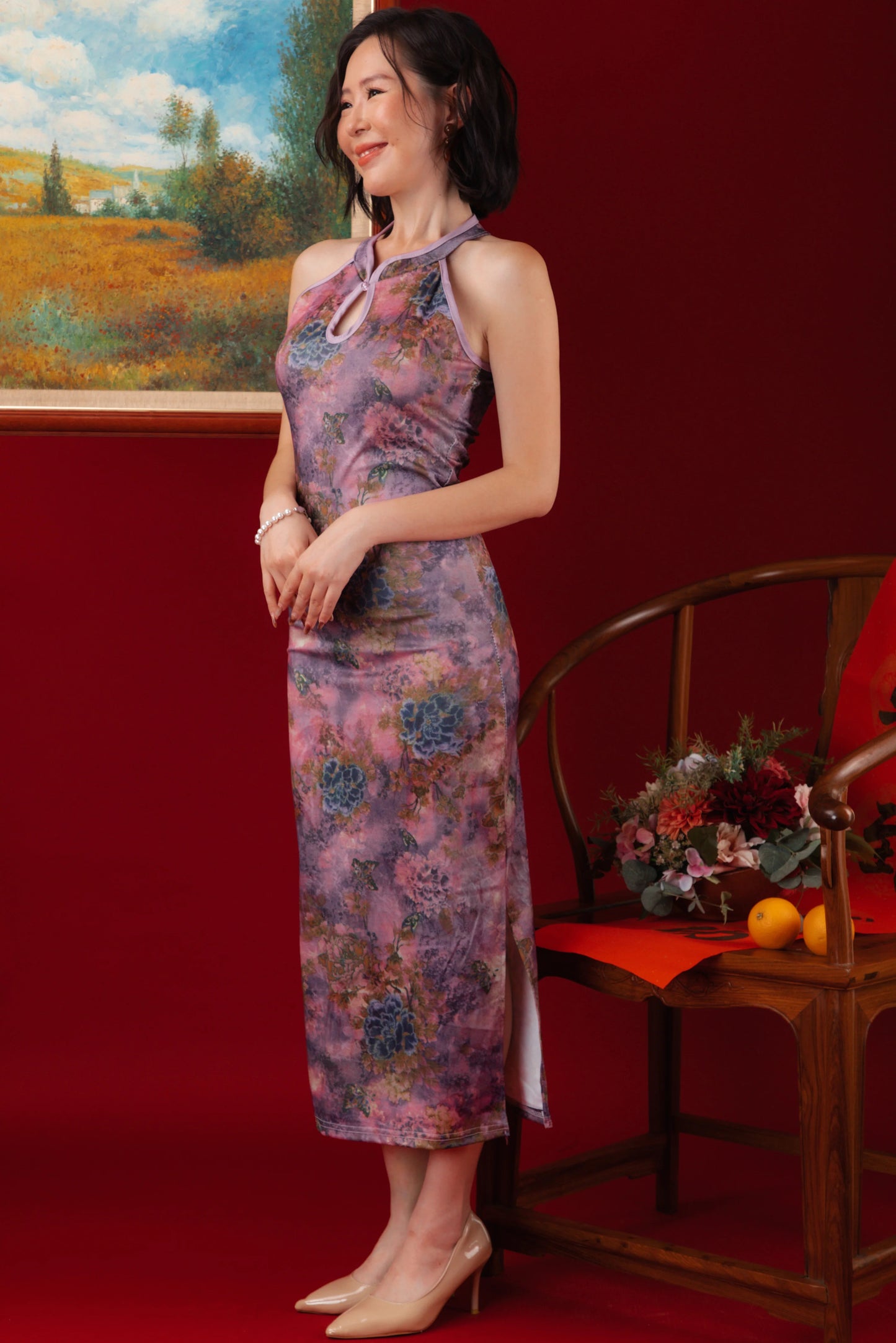 Violet Blossom Halter Cheongsam Dress （In-Stock)
