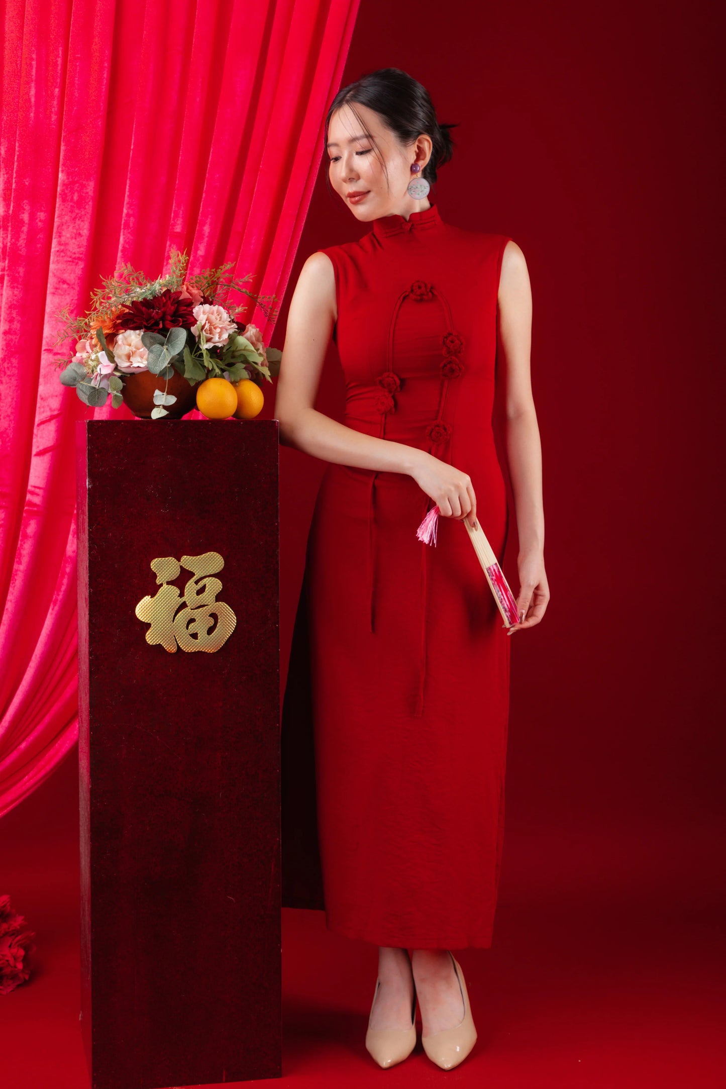 Crimson Blossom Mandarin Cheongsam Dress (In-Stock)