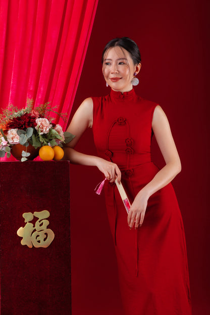 Crimson Blossom Mandarin Cheongsam Dress (In-Stock)
