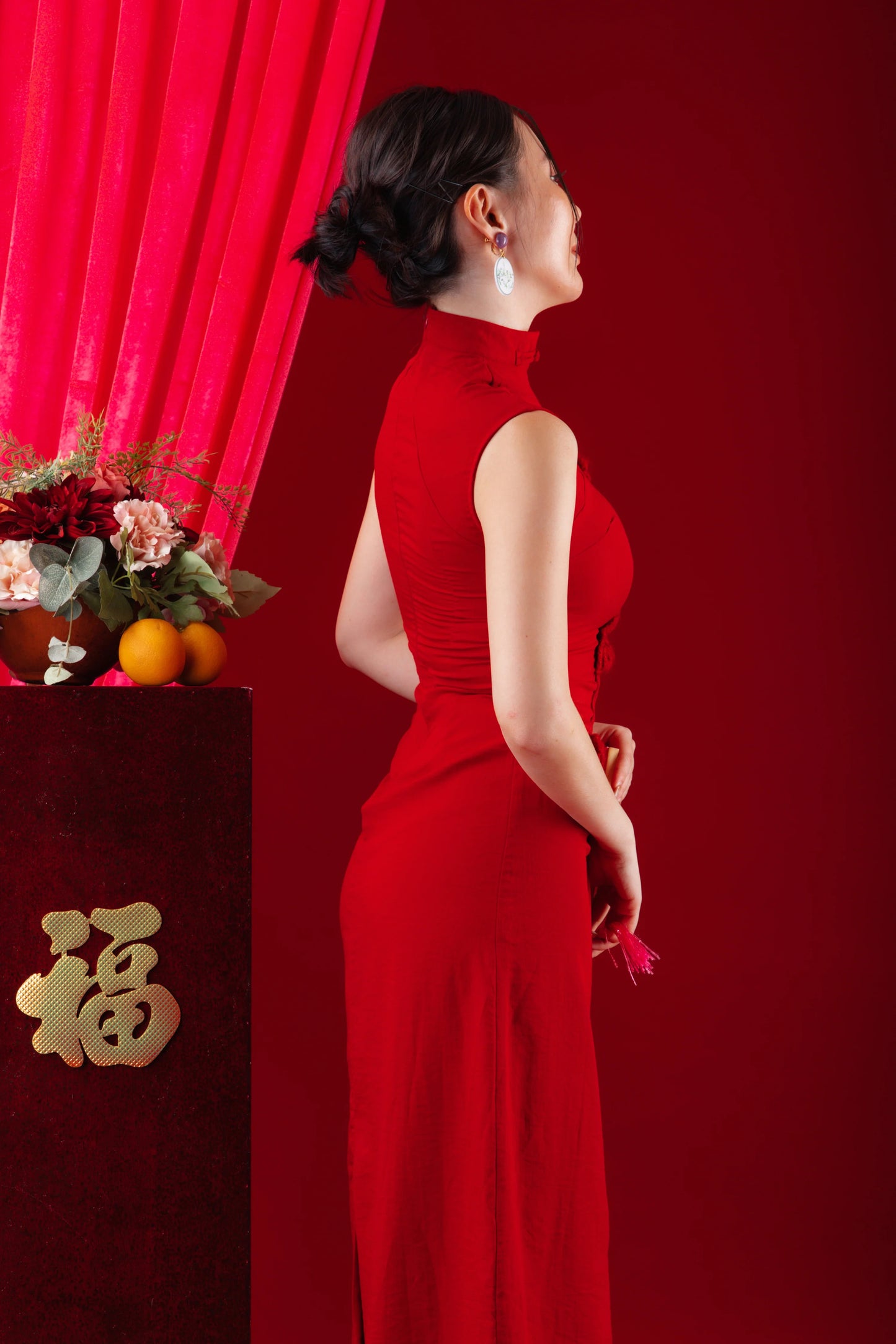 Crimson Blossom Mandarin Cheongsam Dress (In-Stock)