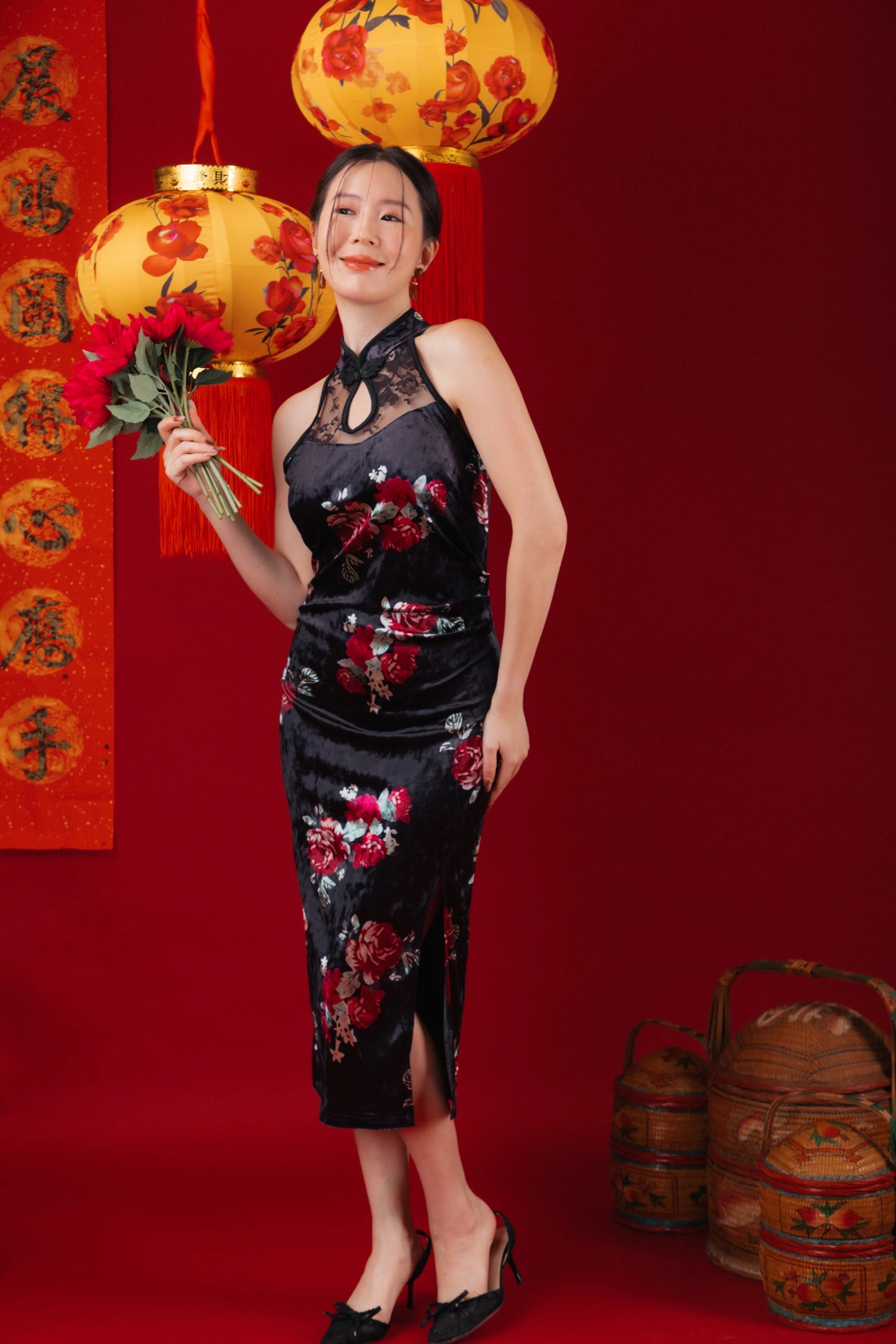 Velvet Noir Lace Cheongsam Dress