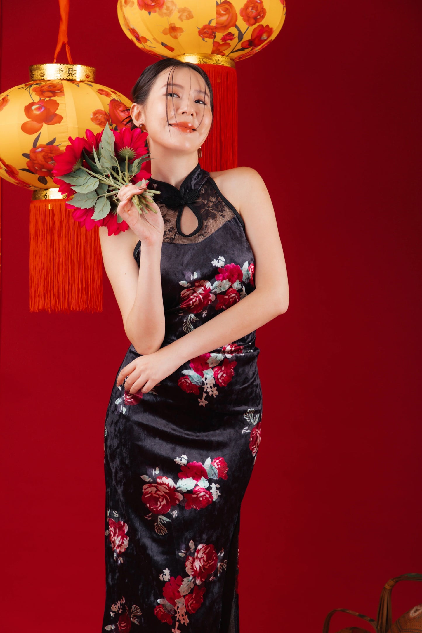 Velvet Noir Lace Cheongsam Dress