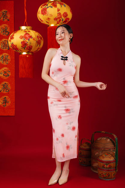 Roselle Bloom Halter Cheongsam Dress