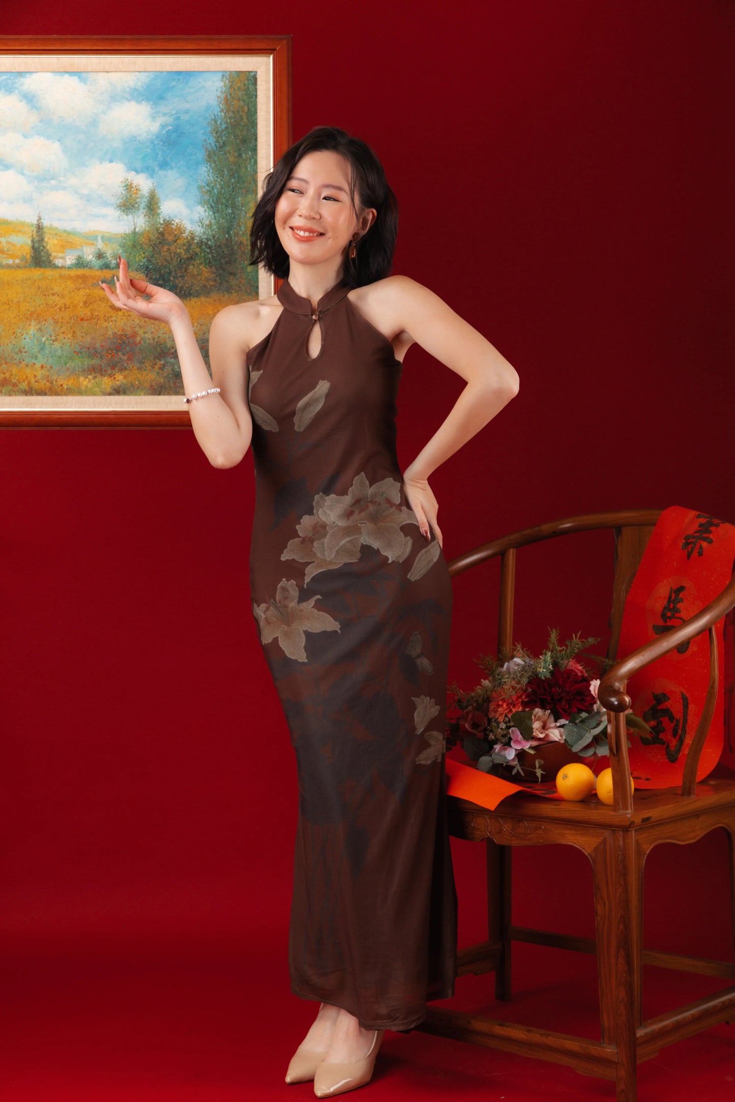 Mocha Blossom Cheongsam Dress (In-Stock)