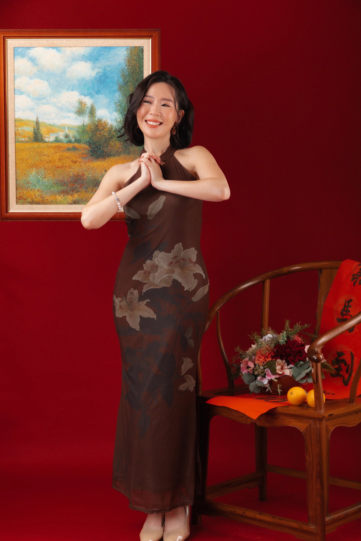 Mocha Blossom Cheongsam Dress (In-Stock)