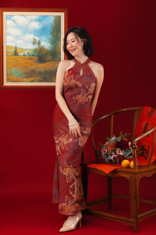 Auburn Orchid Velvet Cheongsam Dress