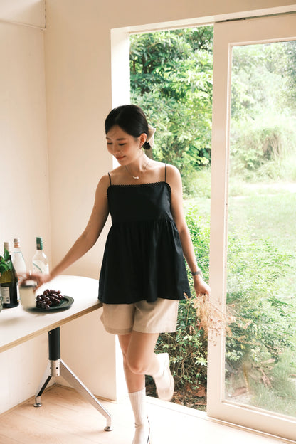 Isla Open-Back Lace Trim Cami Top in Black