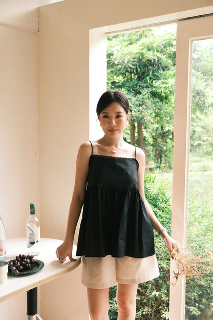 Isla Open-Back Lace Trim Cami Top in Black