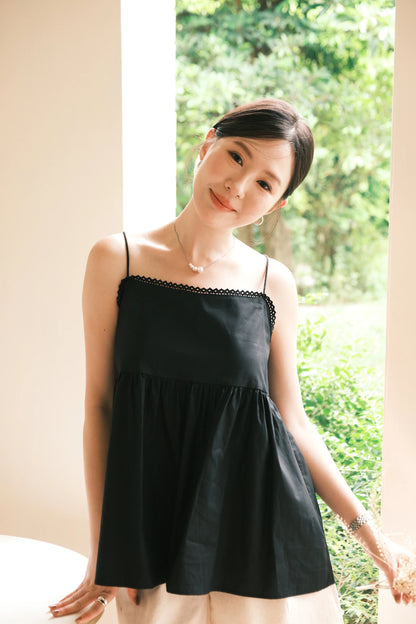 Isla Open-Back Lace Trim Cami Top in Black