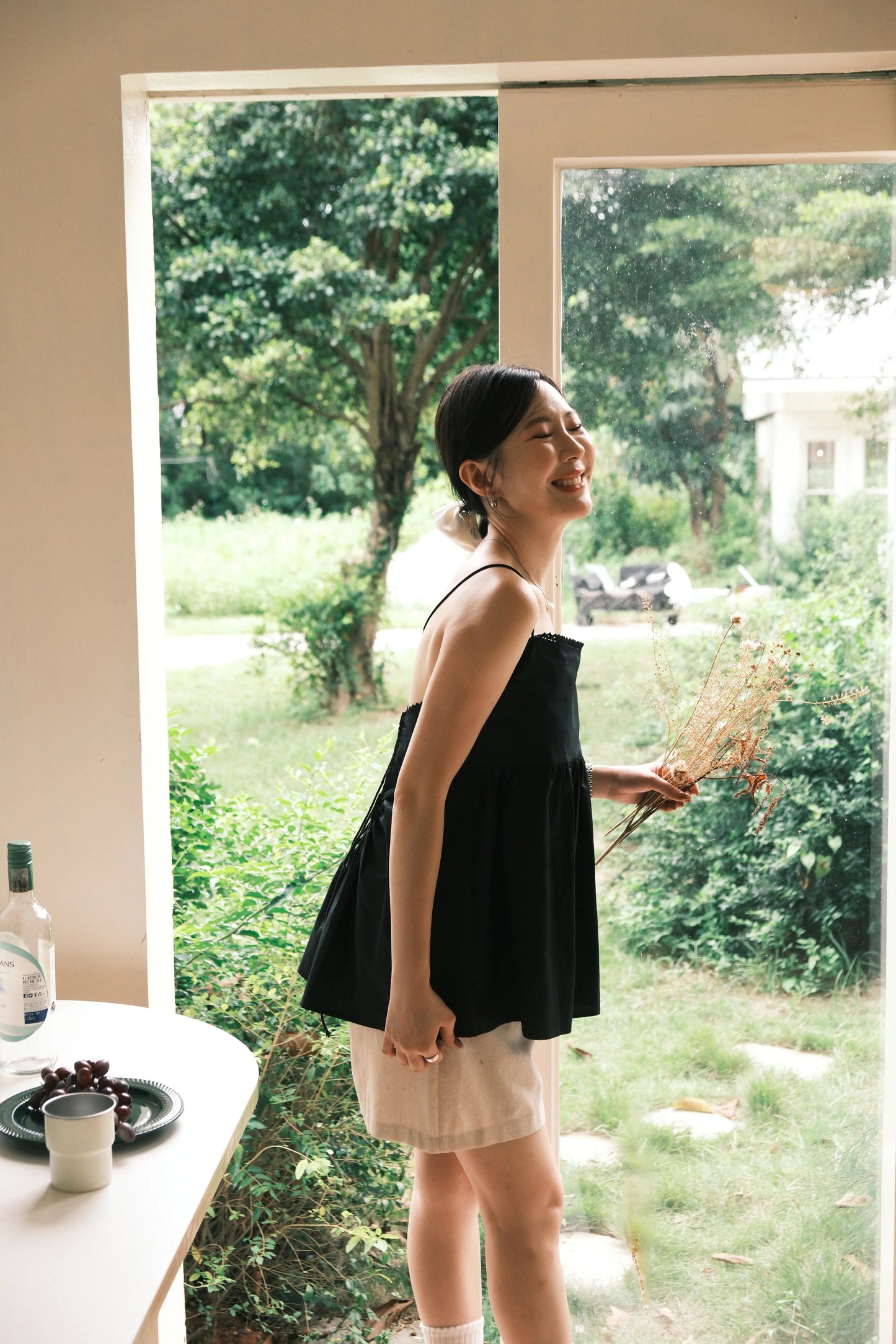 Isla Open-Back Lace Trim Cami Top in Black