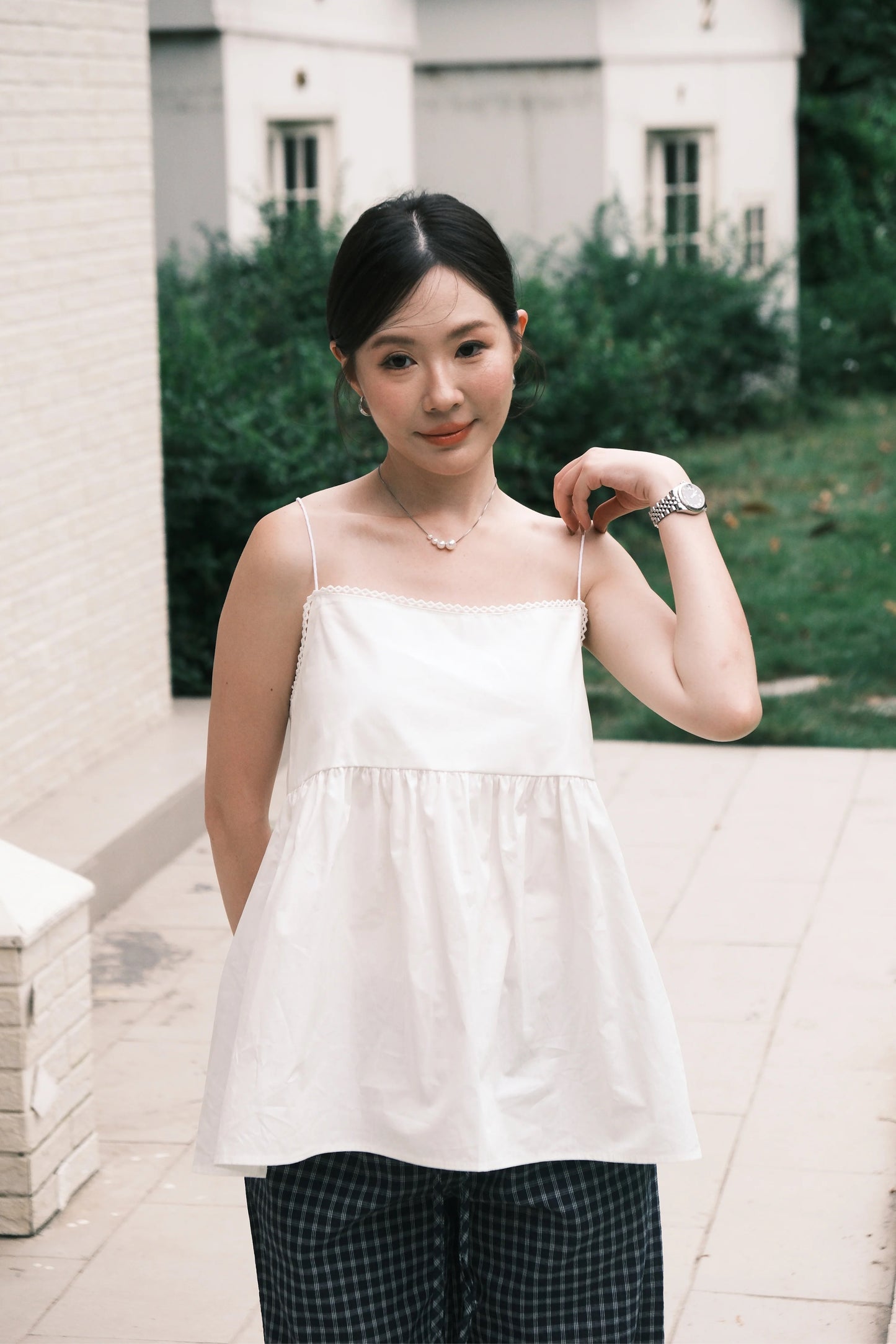 Isla Open-Back Lace Trim Cami Top in White