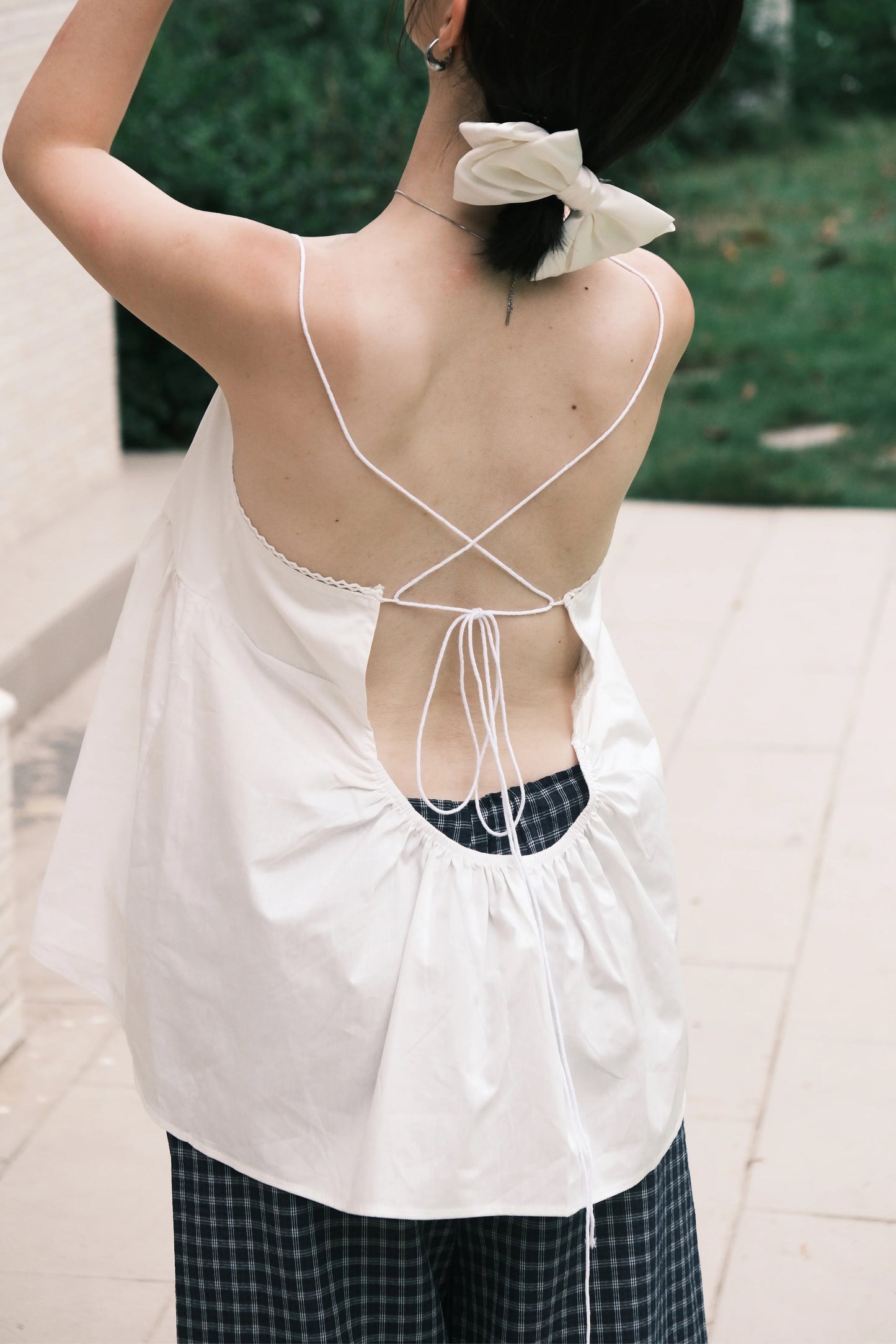Isla Open-Back Lace Trim Cami Top in White