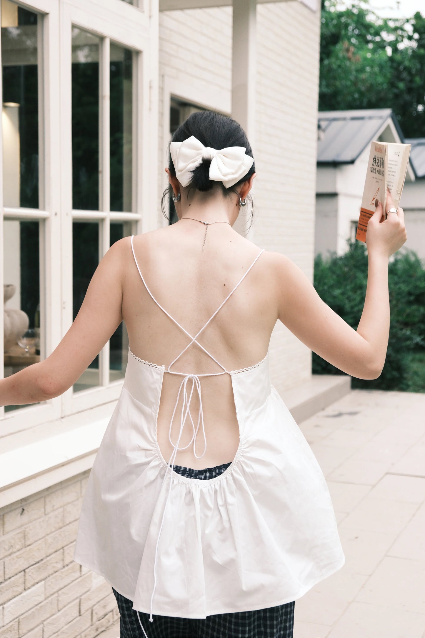 Isla Open-Back Lace Trim Cami Top in White