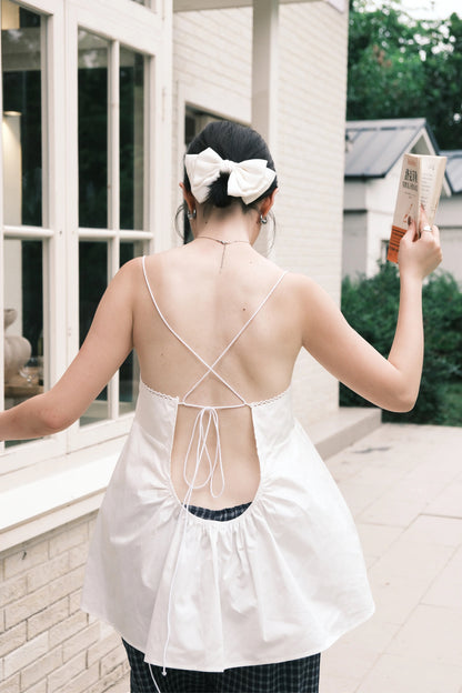 Isla Open-Back Lace Trim Cami Top in White