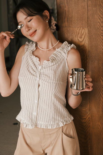 Léa Striped Ruffled Sleeveless Top in White