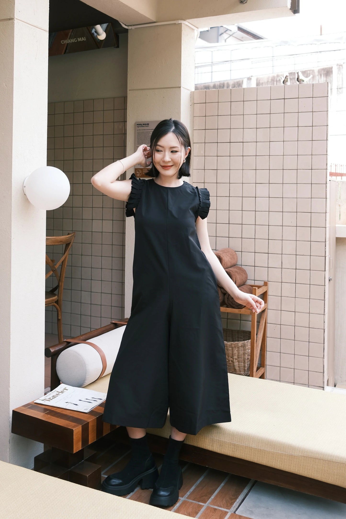 Camille Ruffle Wide-Leg Jumpsuit In Black