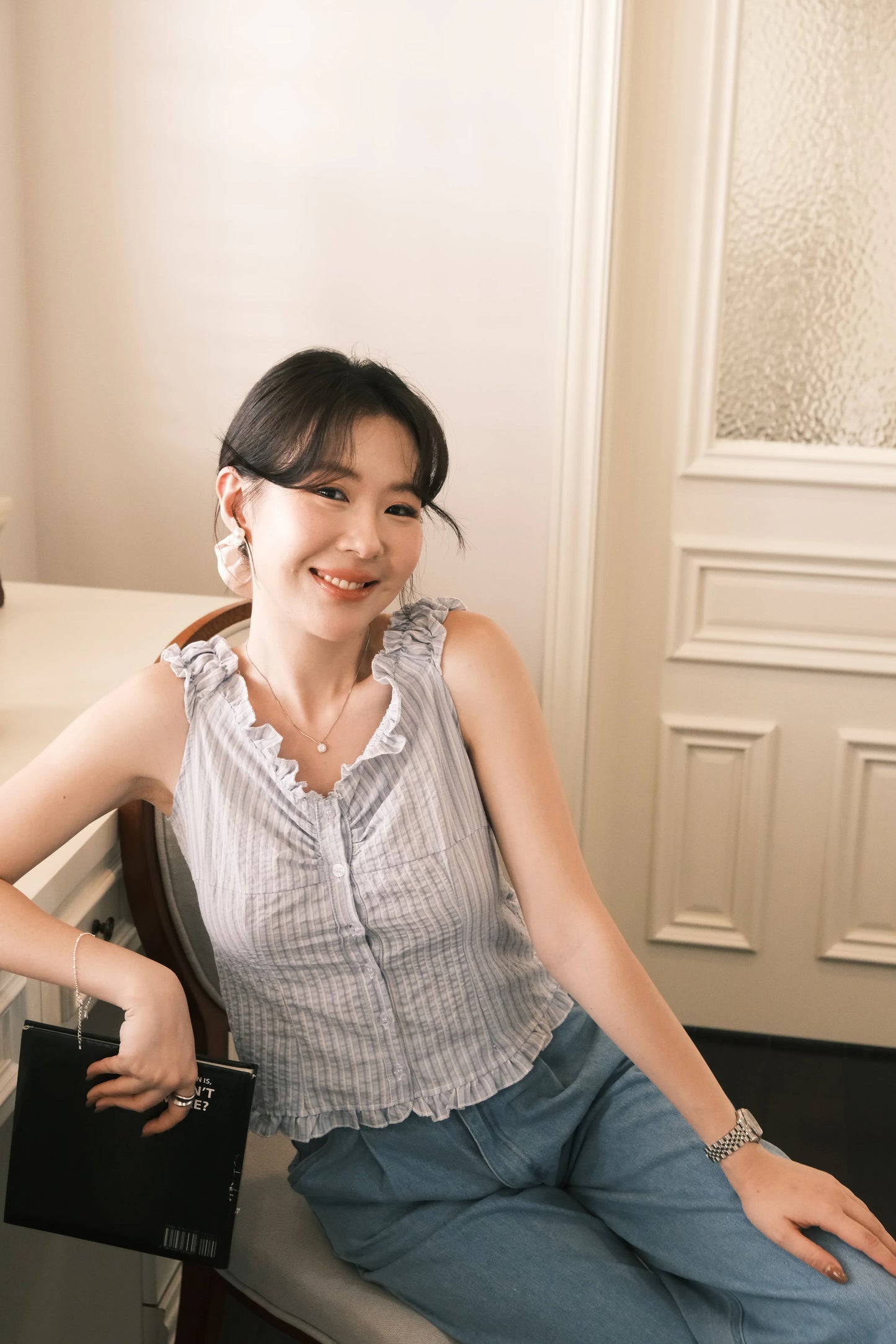 Léa Striped Ruffled Sleeveless Top in Blue