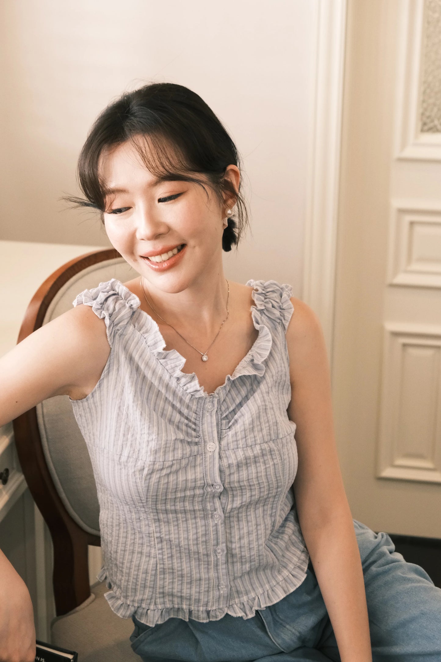 Léa Striped Ruffled Sleeveless Top in Blue