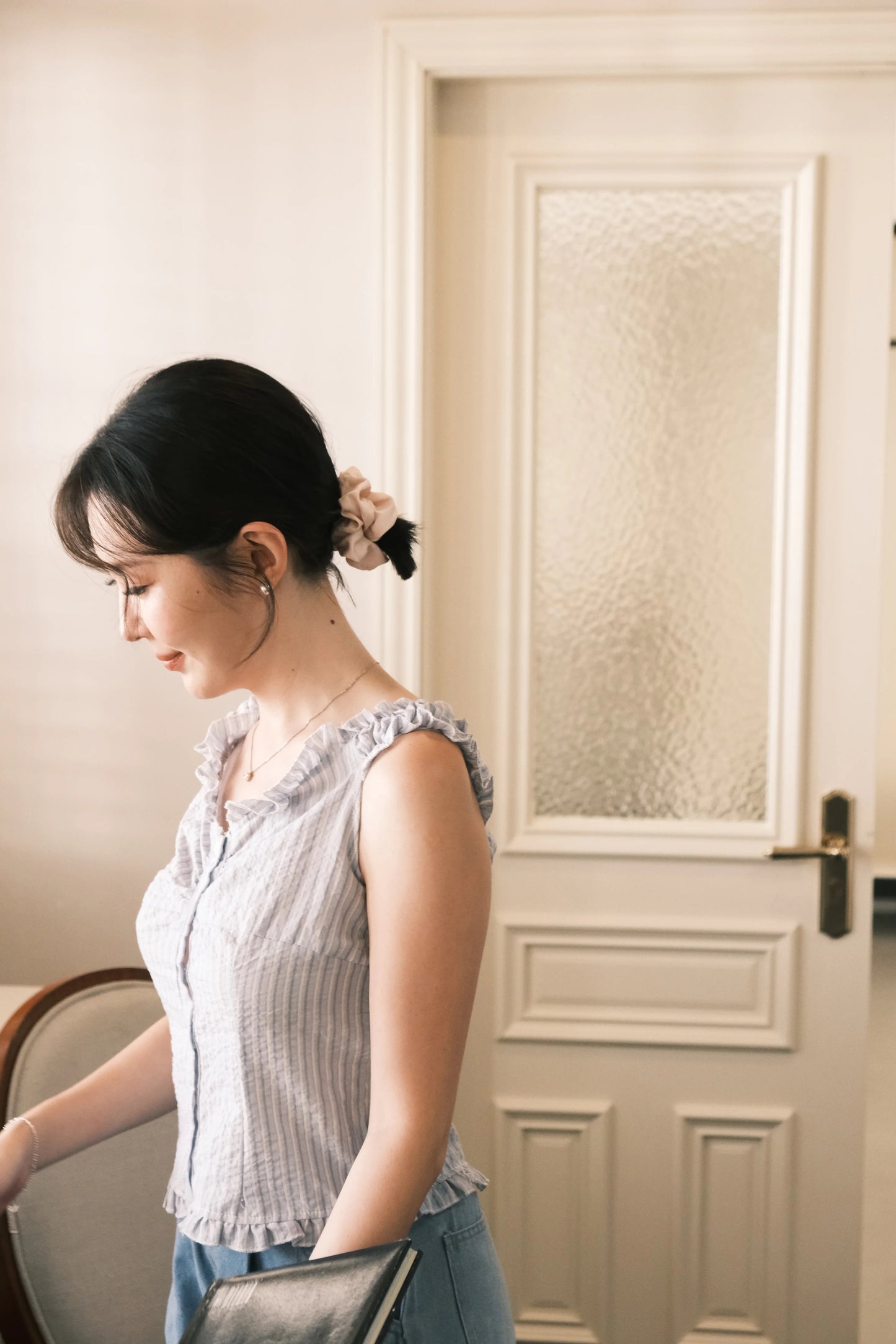 Léa Striped Ruffled Sleeveless Top in Blue