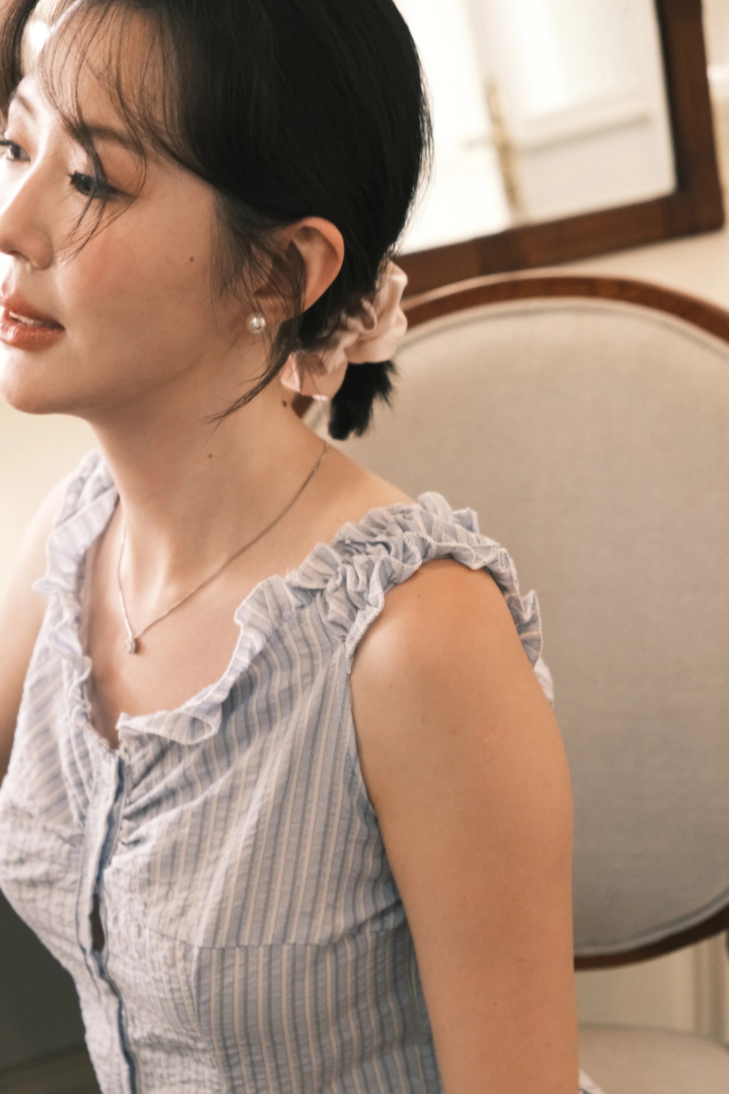 Léa Striped Ruffled Sleeveless Top in Blue