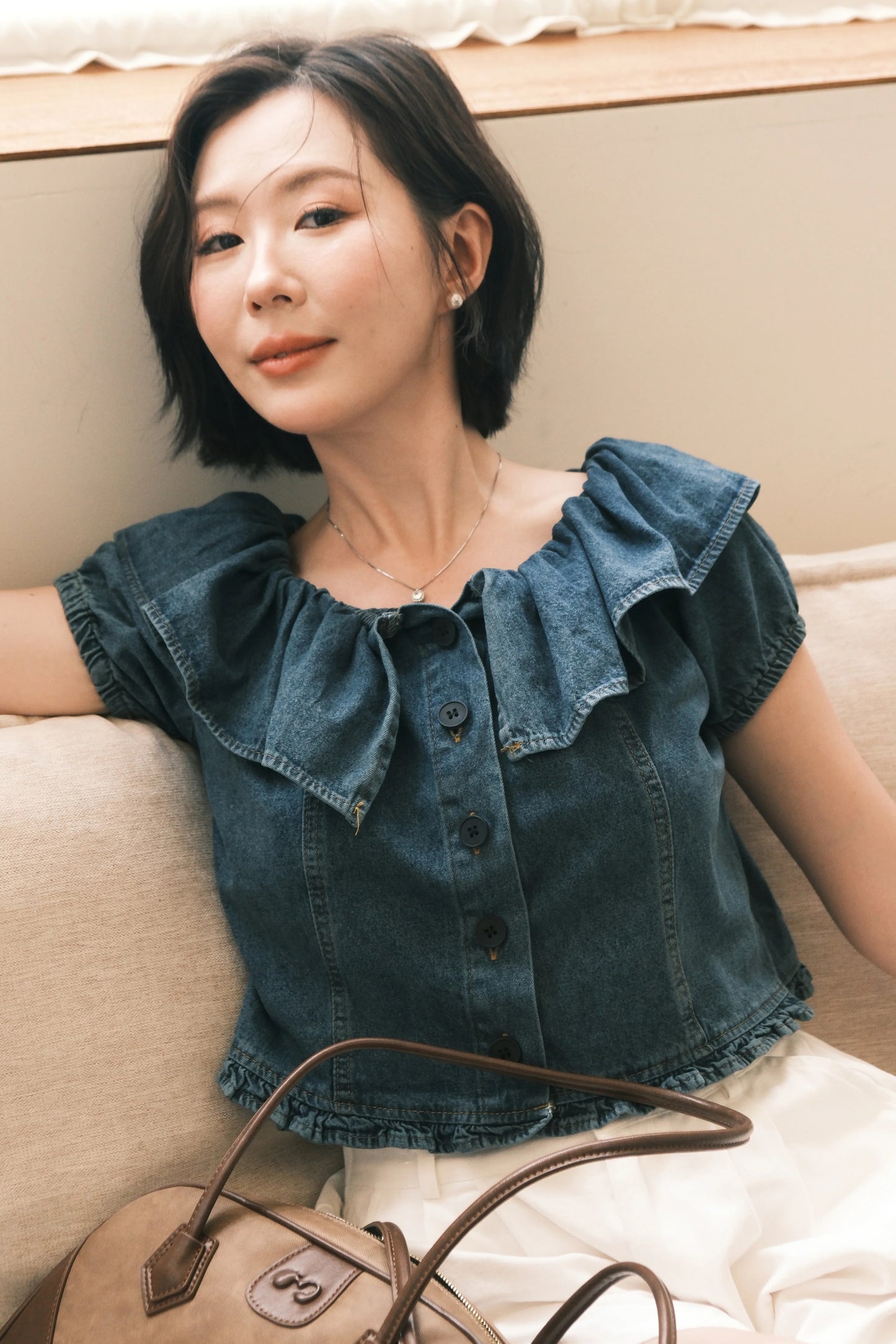 Clara Ruffled Denim Off-Shoulder Top