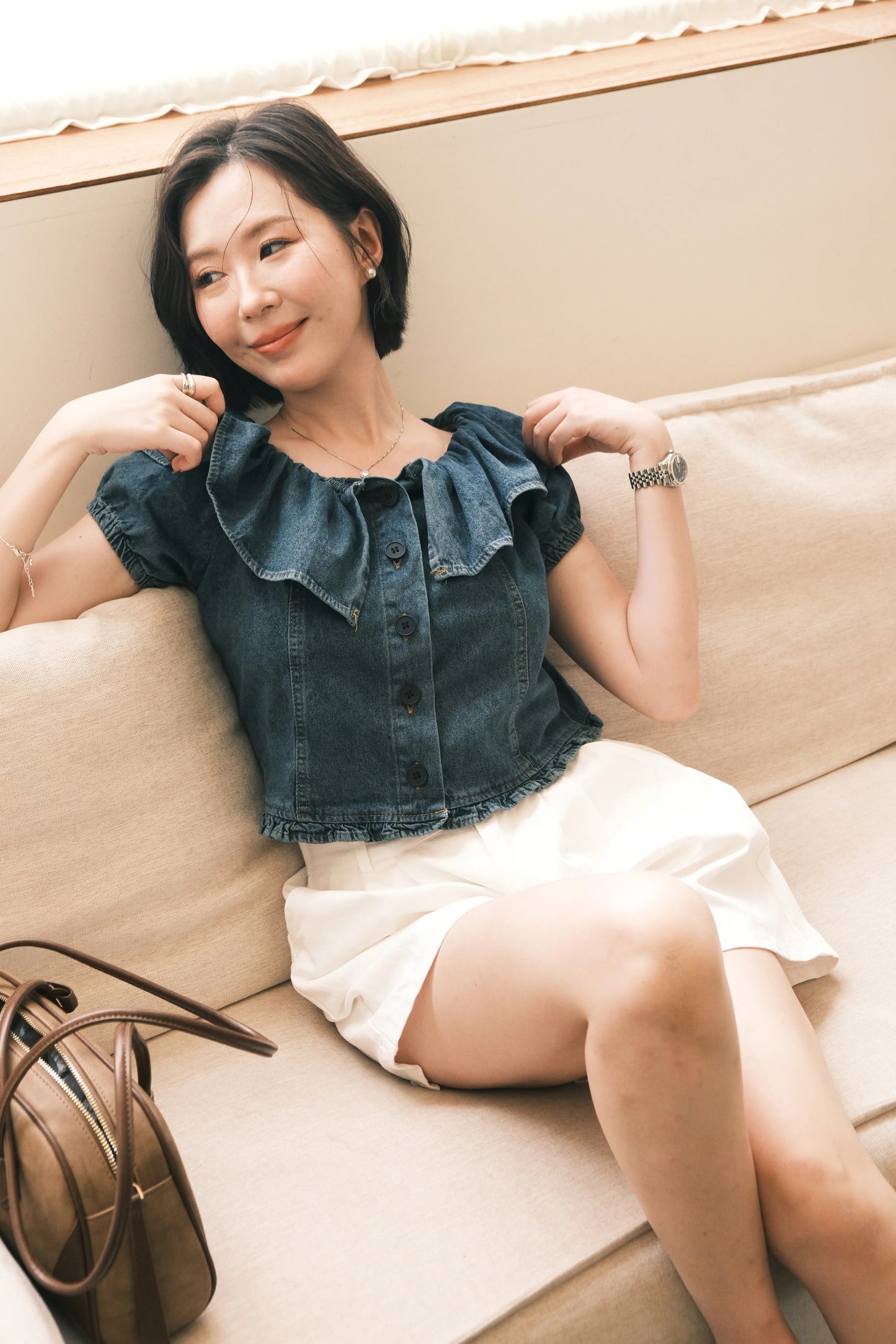 Clara Ruffled Denim Off-Shoulder Top