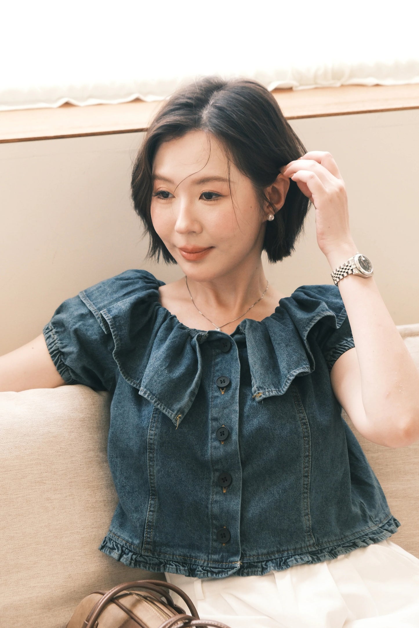 Clara Ruffled Denim Off-Shoulder Top