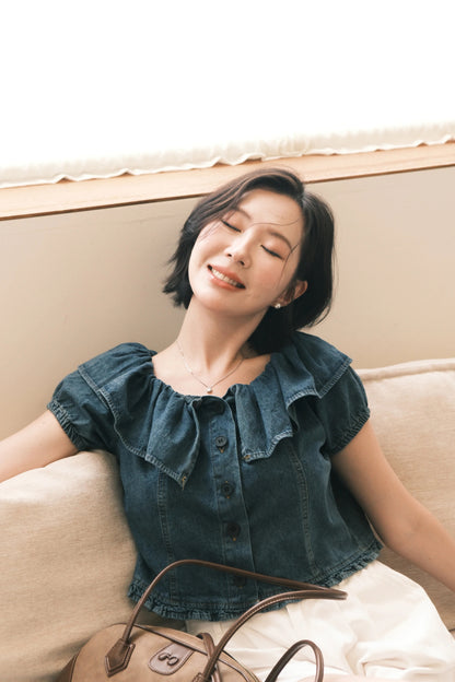Clara Ruffled Denim Off-Shoulder Top