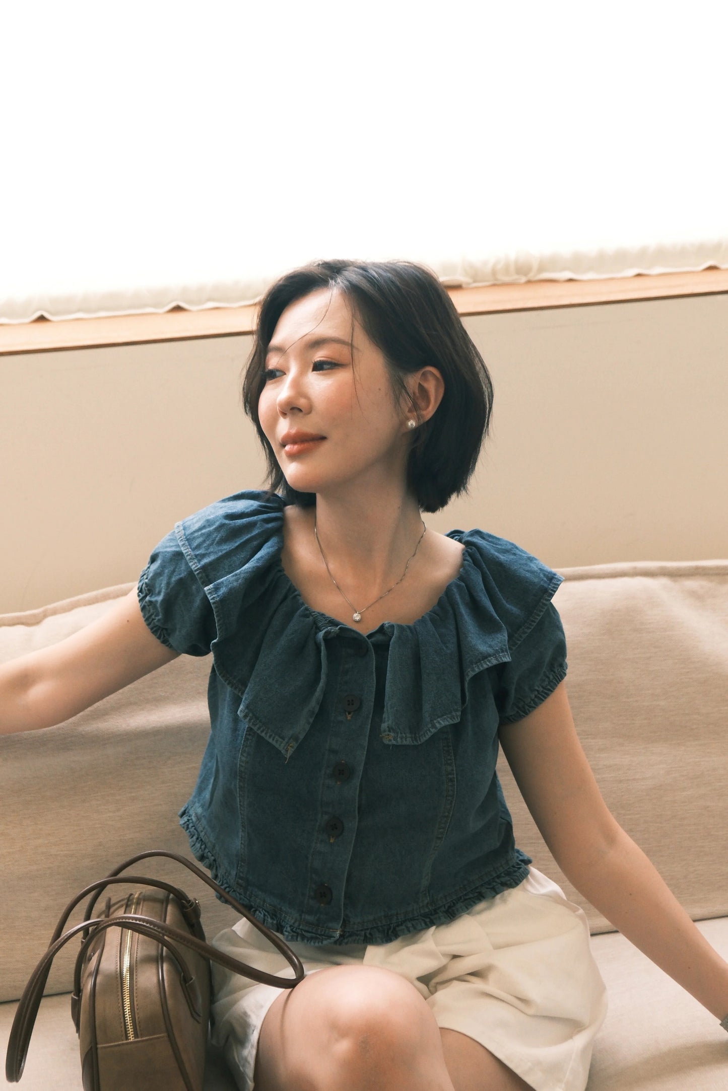 Clara Ruffled Denim Off-Shoulder Top