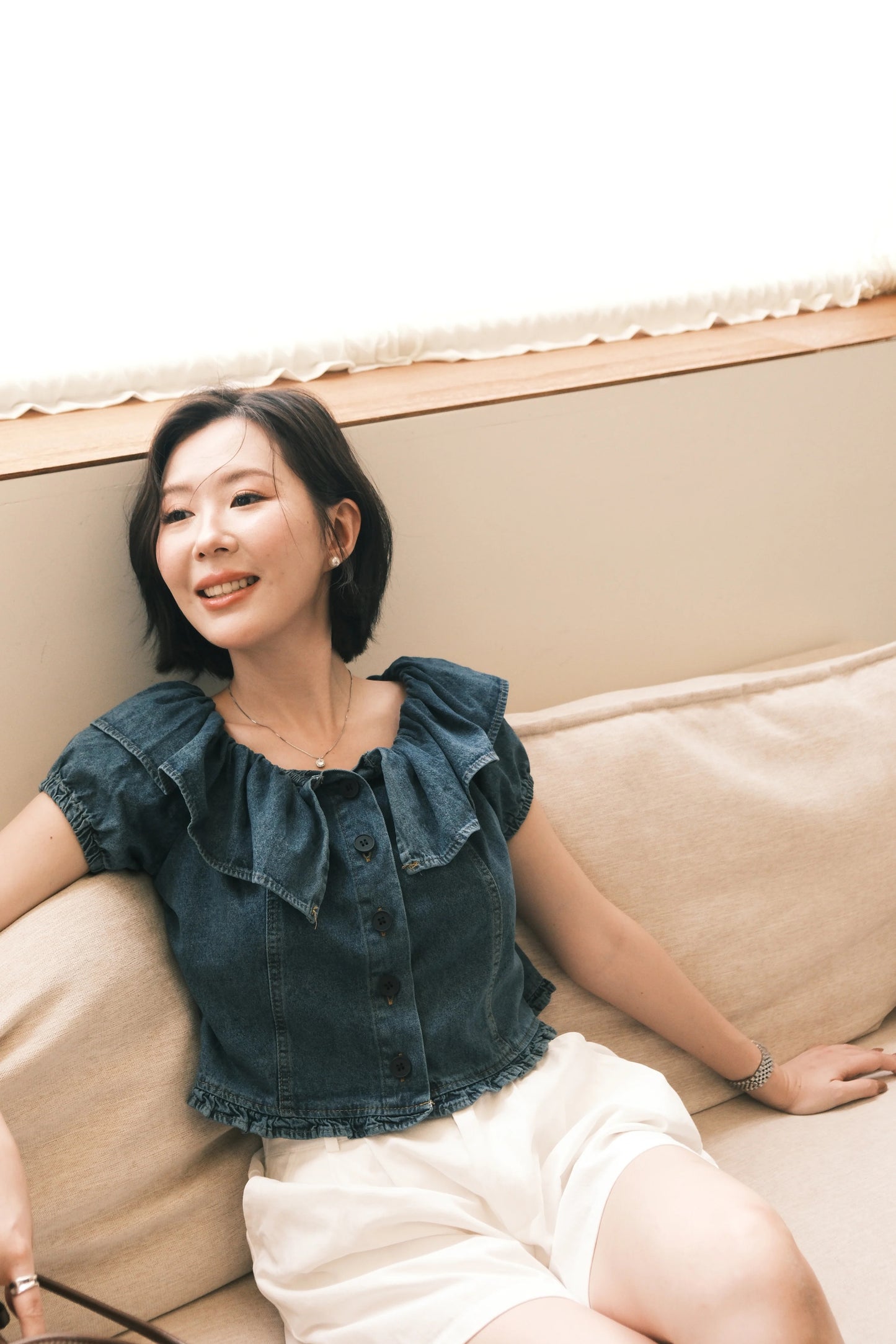 Clara Ruffled Denim Off-Shoulder Top