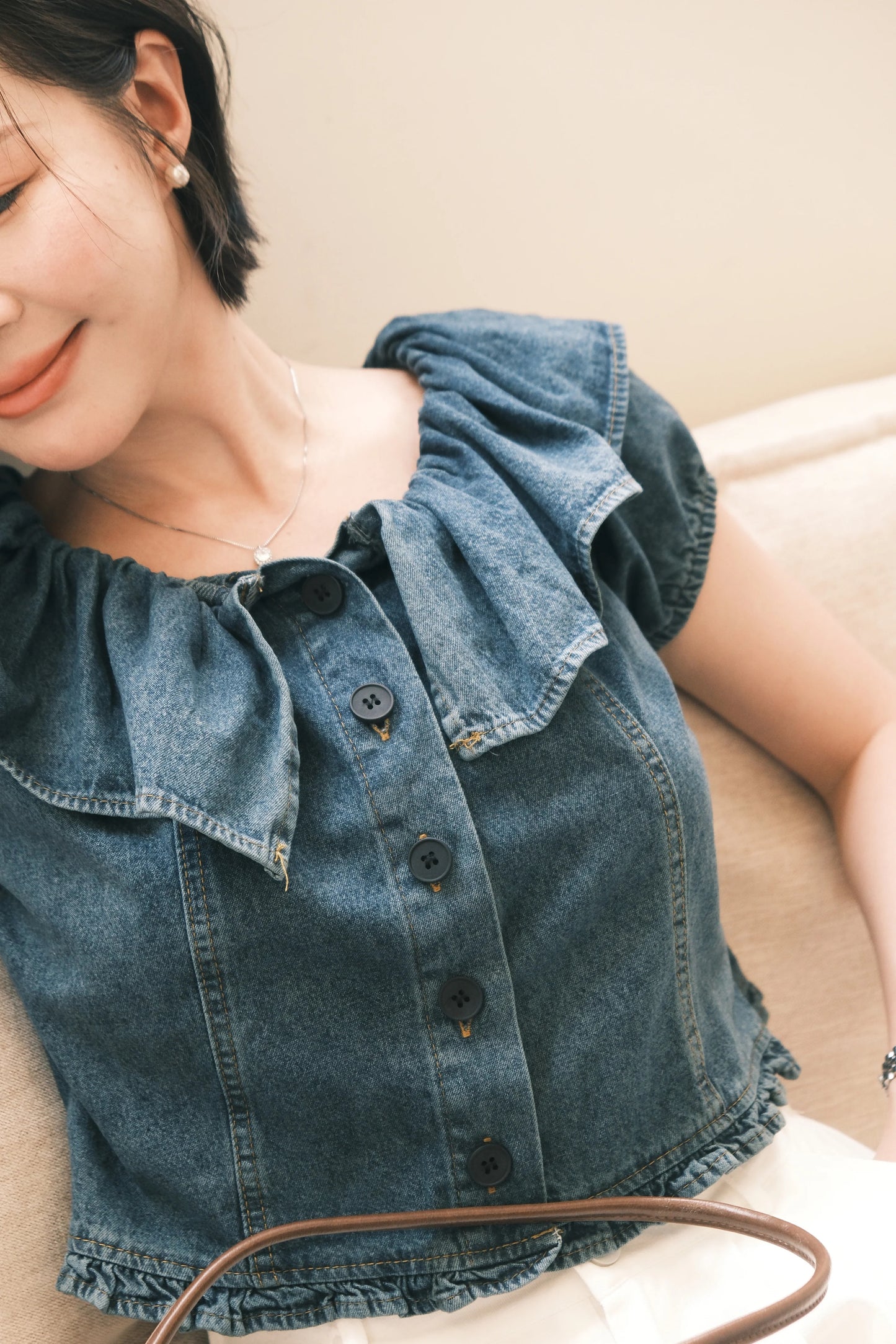 Clara Ruffled Denim Off-Shoulder Top