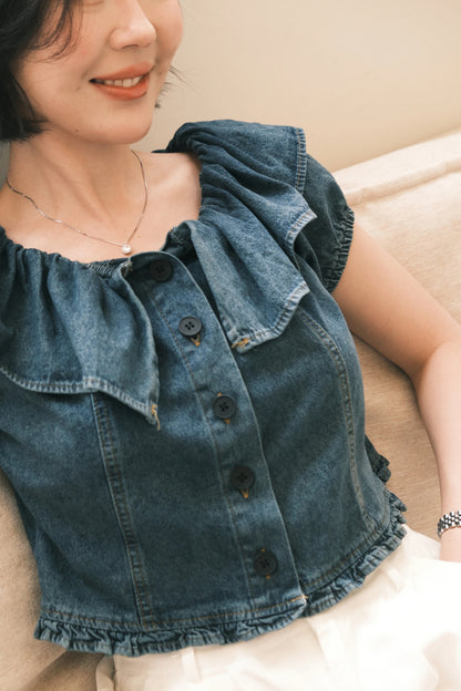 Clara Ruffled Denim Off-Shoulder Top