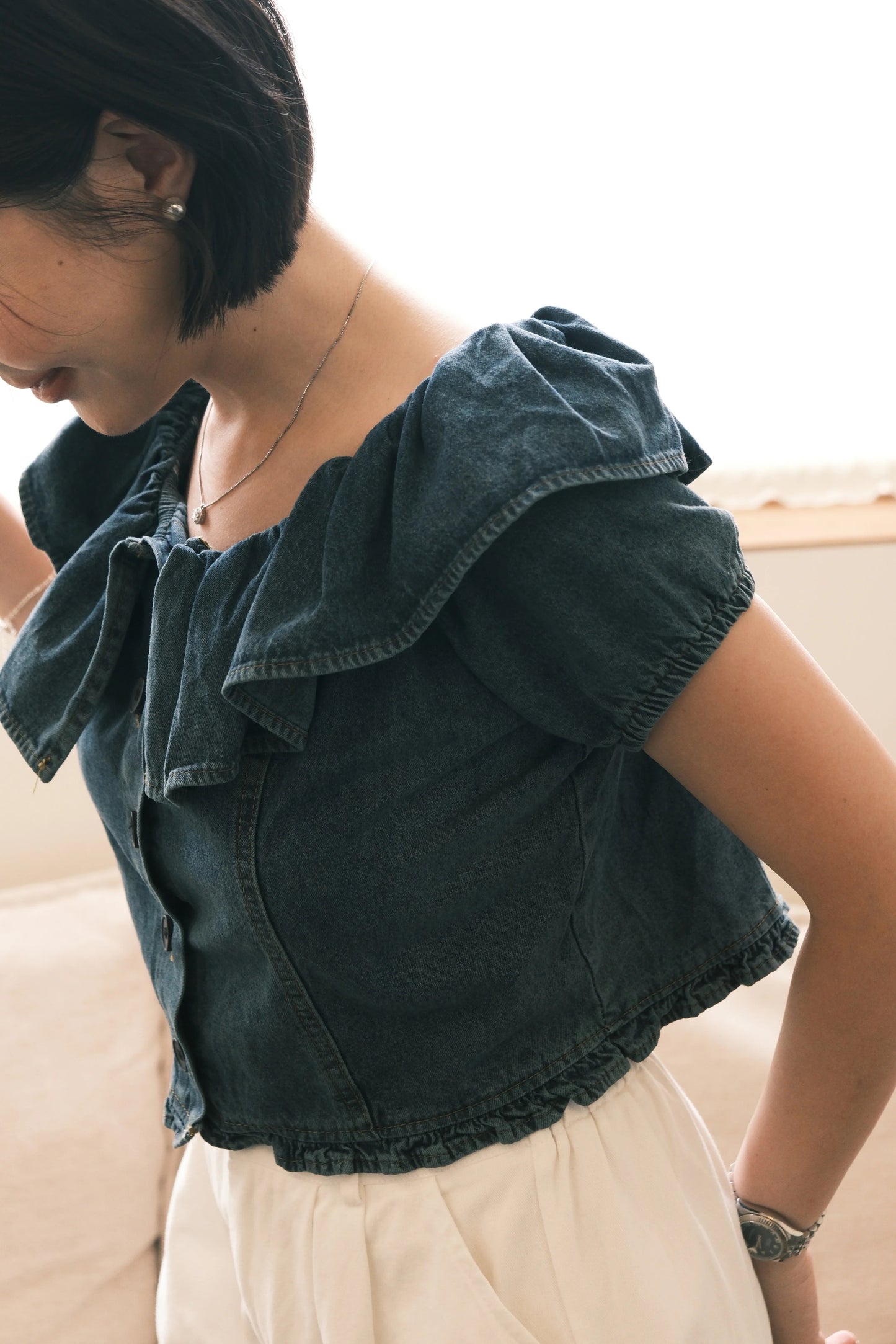 Clara Ruffled Denim Off-Shoulder Top
