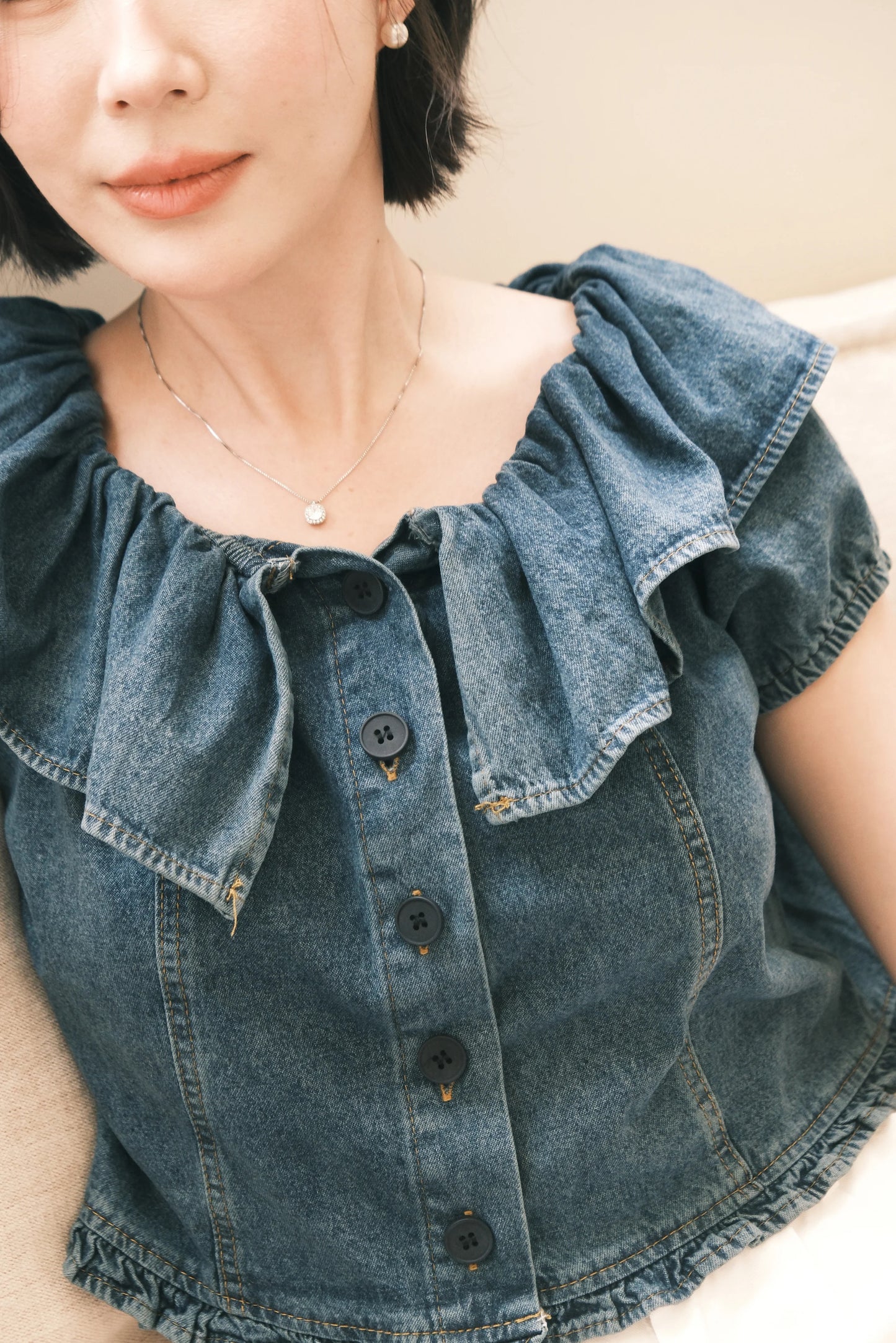Clara Ruffled Denim Off-Shoulder Top