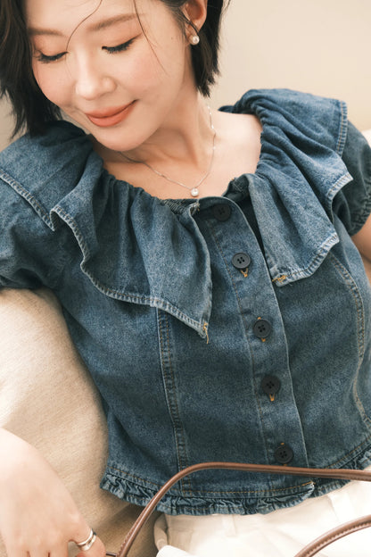 Clara Ruffled Denim Off-Shoulder Top
