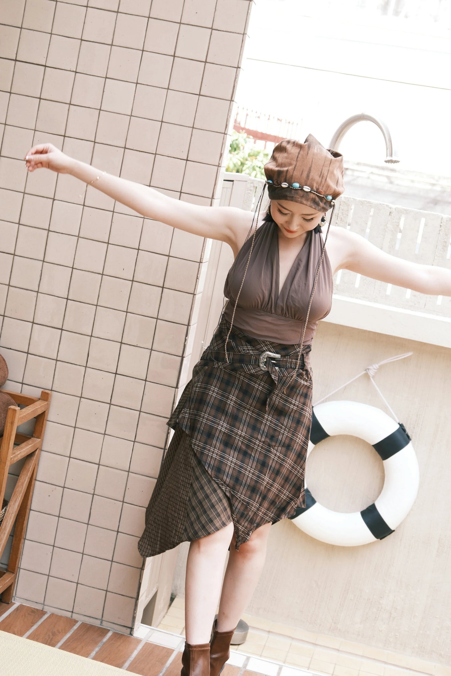 Mocha Check Asymmetry Skirt