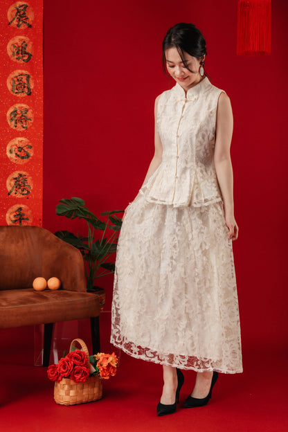 Ivory Lace Peplum Top & Skirt Set
