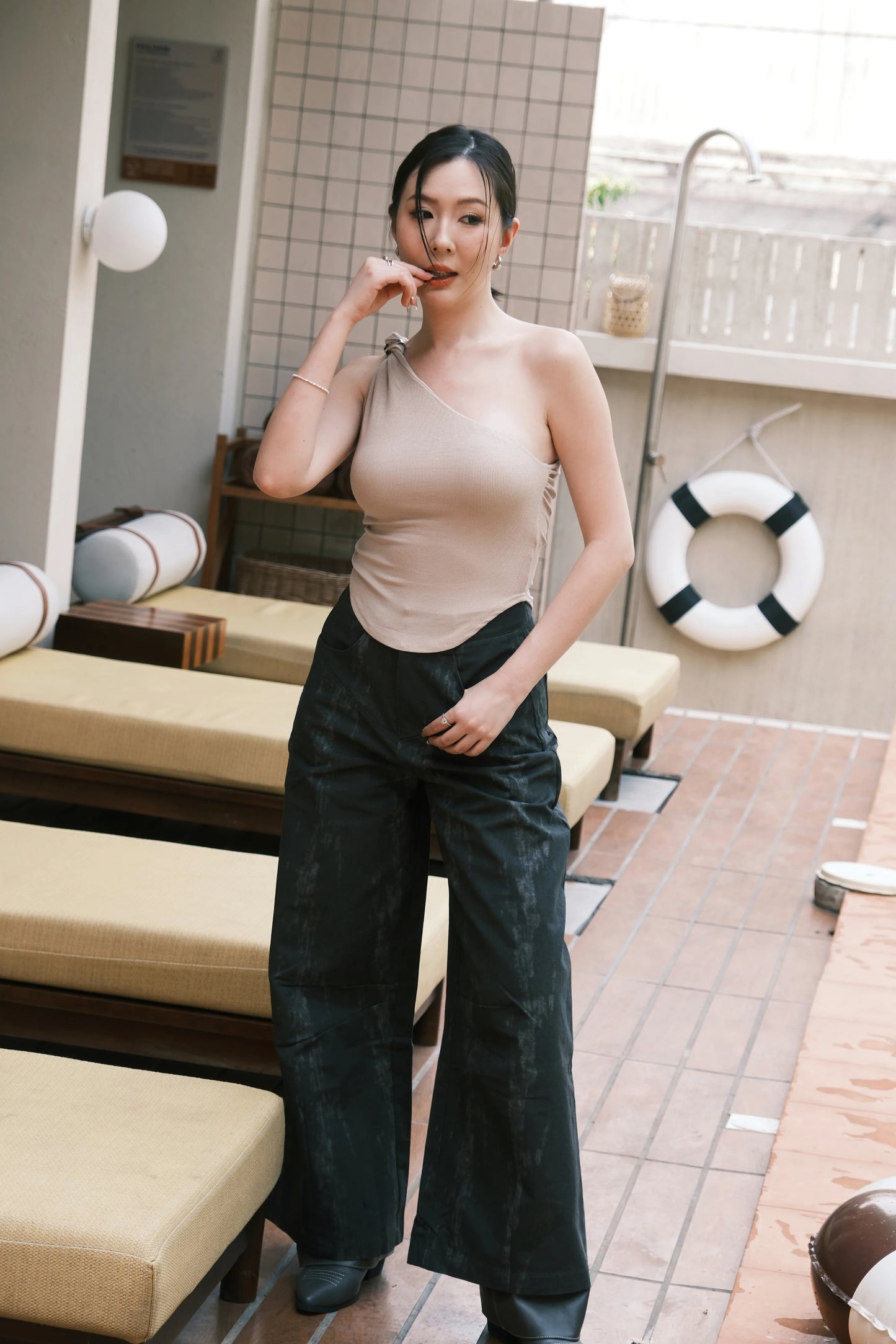 Luna One-Shoulder Sculpt Top in Beige