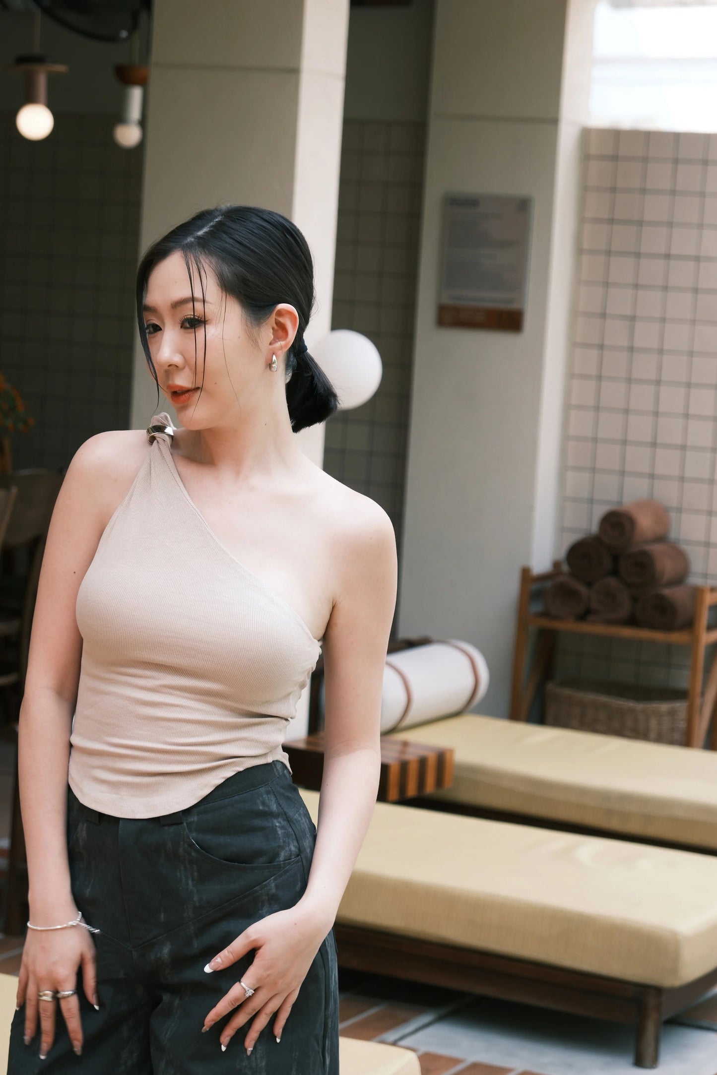 Luna One-Shoulder Sculpt Top in Beige