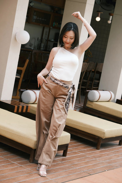 Camel Scarf-Tie Wide-Leg Pants