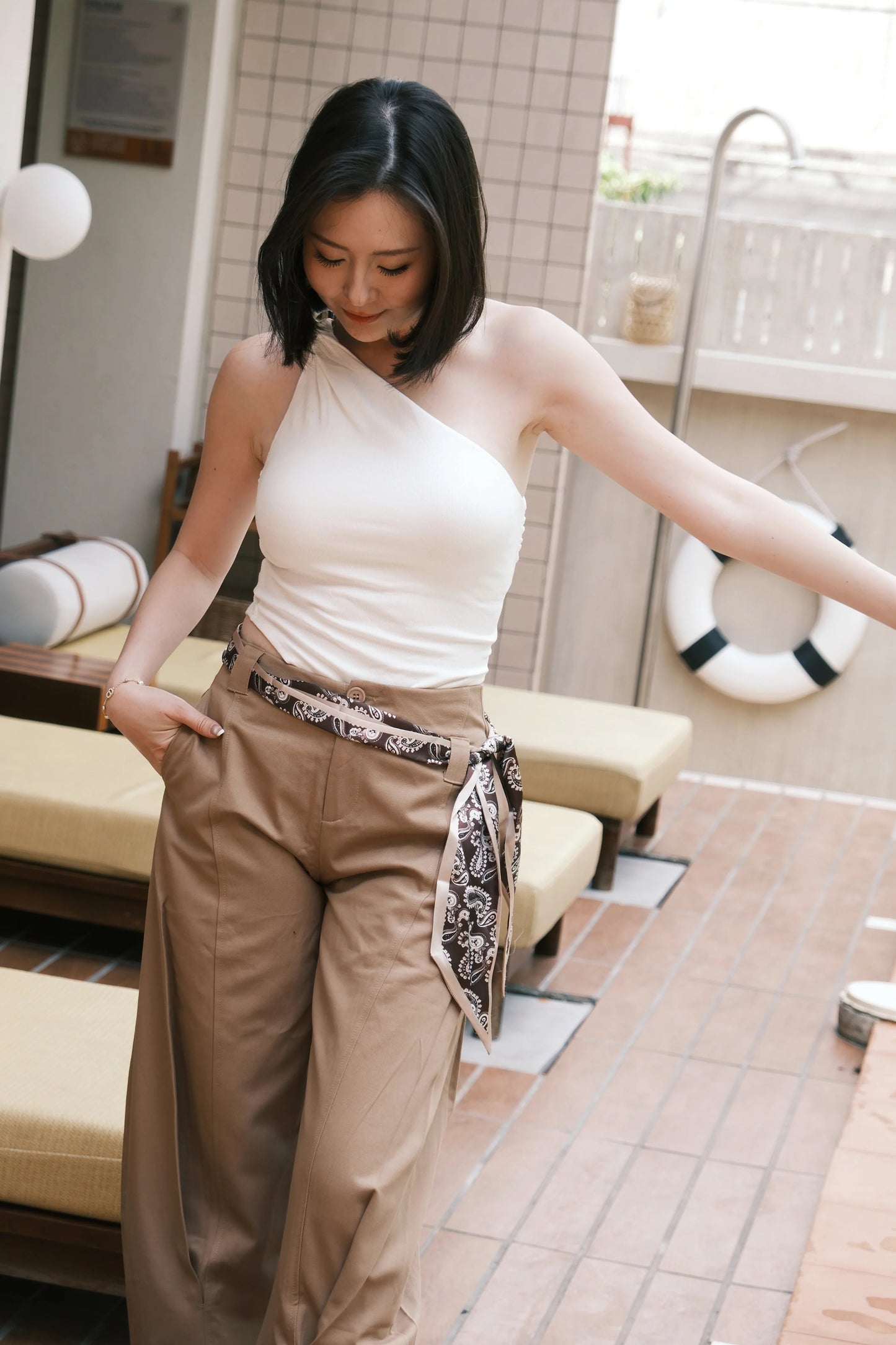 Camel Scarf-Tie Wide-Leg Pants