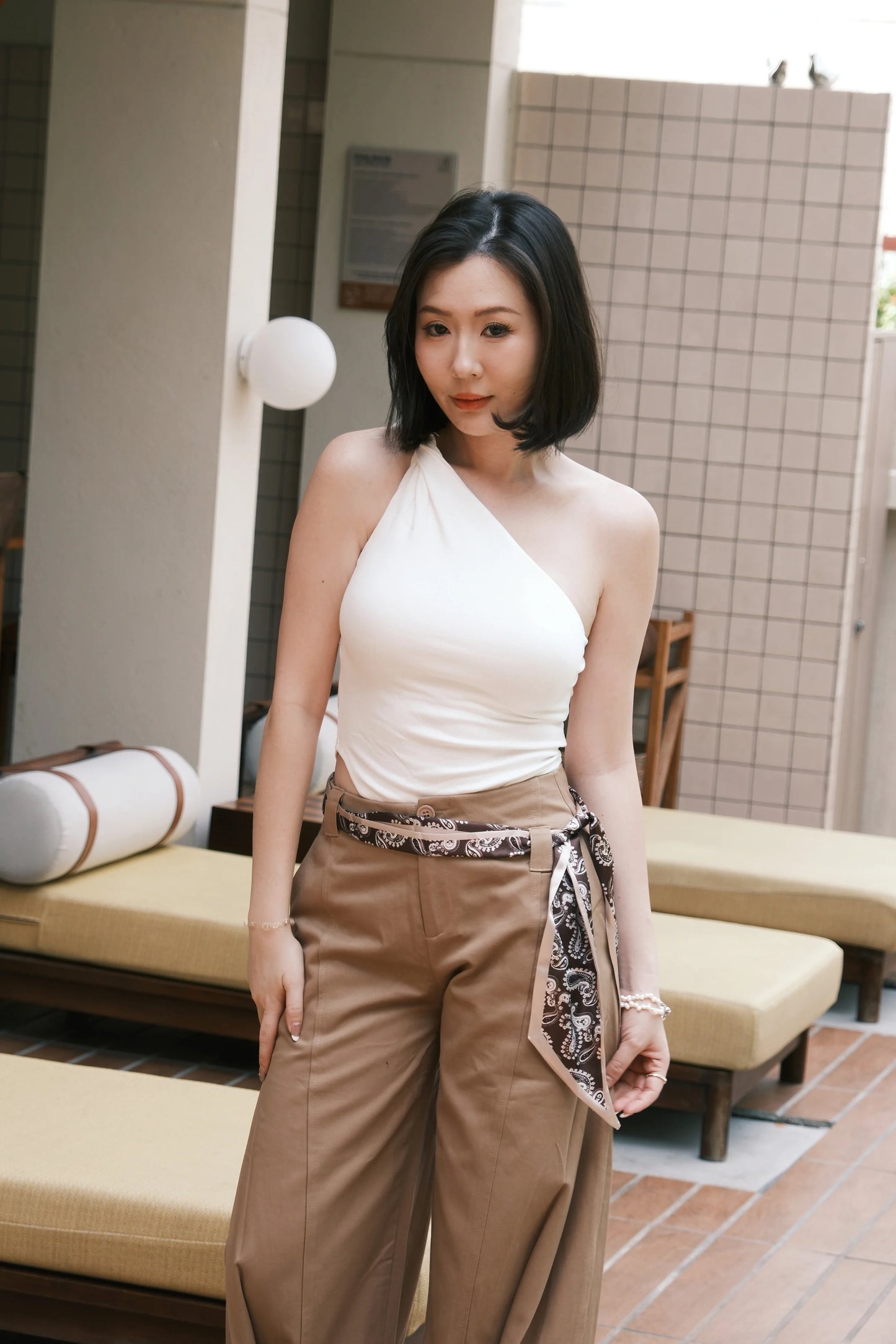 Camel Scarf-Tie Wide-Leg Pants