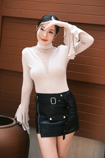 Serene Lace Trim Bell Sleeve Top in Light Grey