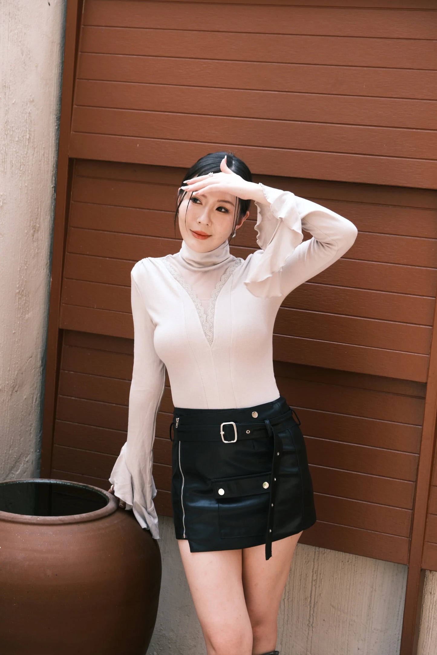 Serene Lace Trim Bell Sleeve Top in Light Grey