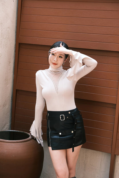 Serene Lace Trim Bell Sleeve Top in Light Grey