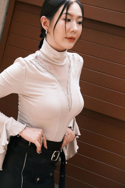 Serene Lace Trim Bell Sleeve Top in Light Grey