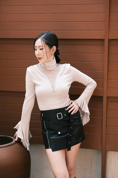Serene Lace Trim Bell Sleeve Top in Light Grey