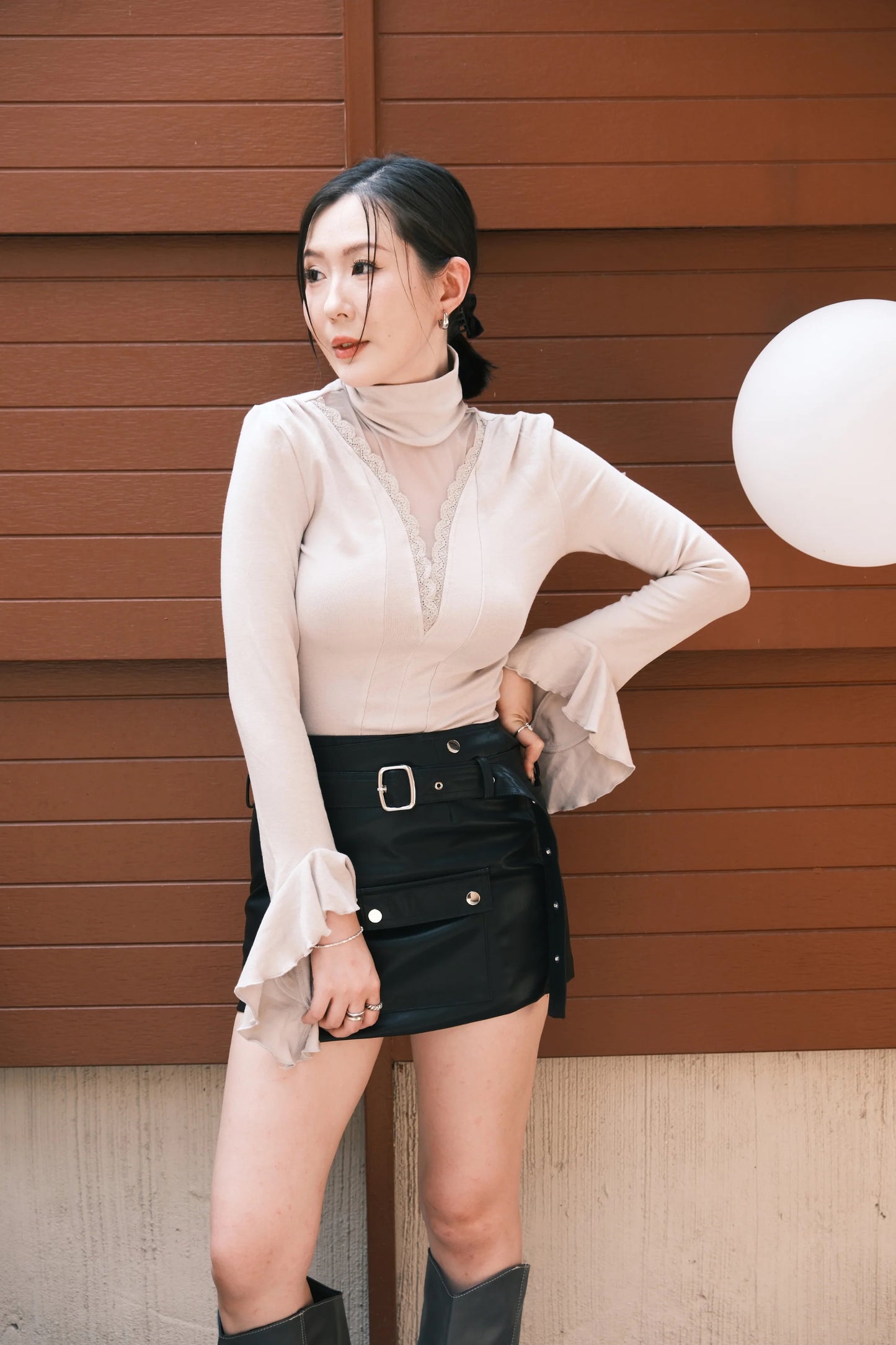 Serene Lace Trim Bell Sleeve Top in Light Grey