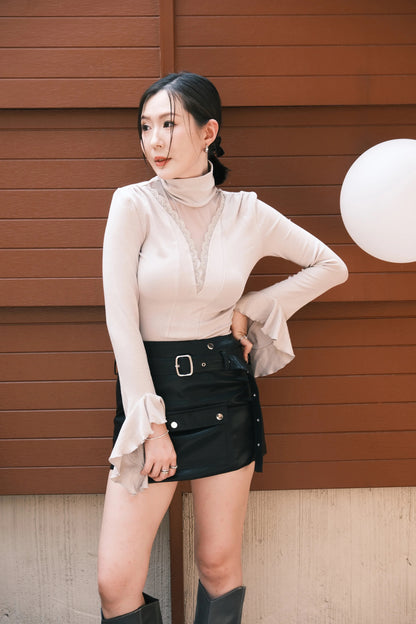 Serene Lace Trim Bell Sleeve Top in Light Grey